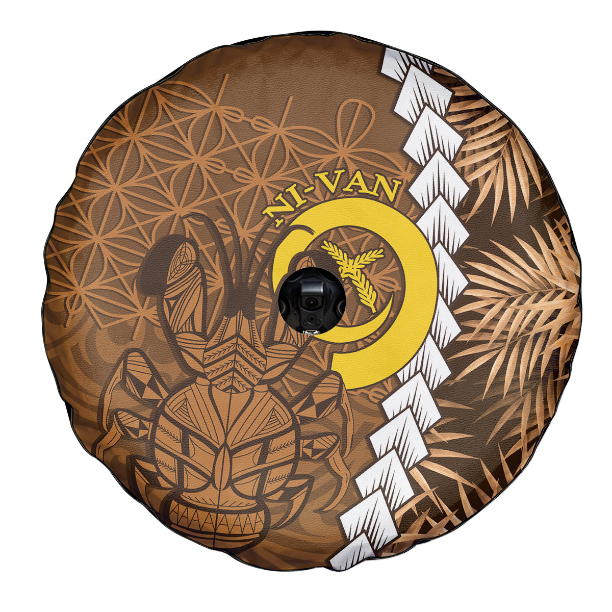 Vanuatu Coconut Crab Spare Tire Cover Ni-Van Tropical Leaves With Sand Drawing Art LT14 - Polynesian Pride