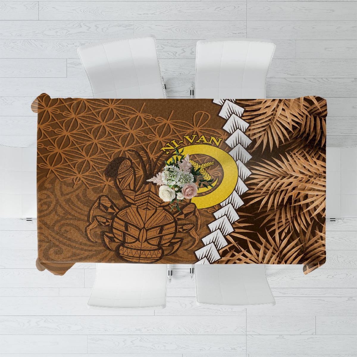 Vanuatu Coconut Crab Tablecloth Ni-Van Tropical Leaves With Sand Drawing Art LT14 Brown - Polynesian Pride