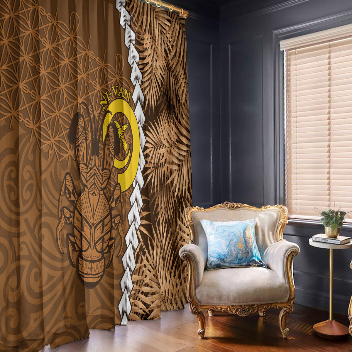 Vanuatu Coconut Crab Window Curtain Ni-Van Tropical Leaves With Sand Drawing Art LT14 - Polynesian Pride