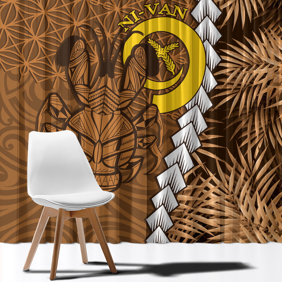 Vanuatu Coconut Crab Window Curtain Ni-Van Tropical Leaves With Sand Drawing Art LT14 - Polynesian Pride