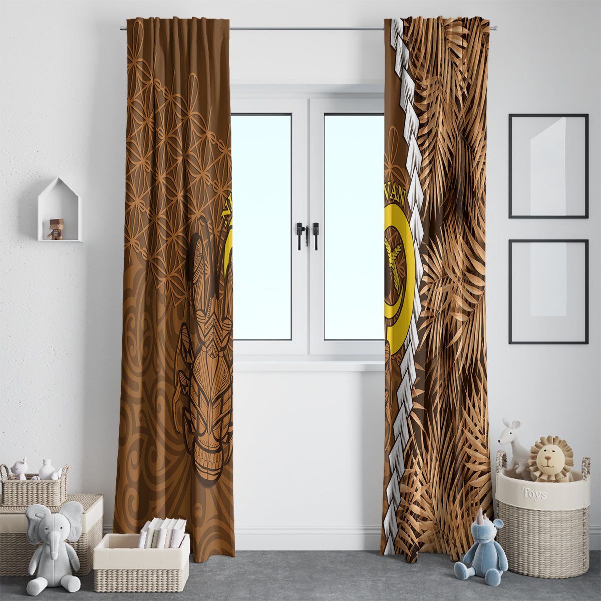 Vanuatu Coconut Crab Window Curtain Ni-Van Tropical Leaves With Sand Drawing Art LT14 - Polynesian Pride