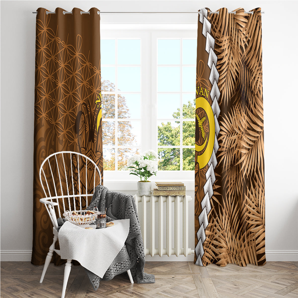 Vanuatu Coconut Crab Window Curtain Ni-Van Tropical Leaves With Sand Drawing Art LT14 - Polynesian Pride