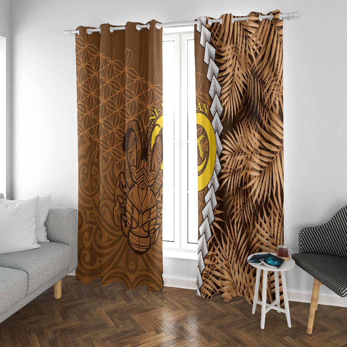 Vanuatu Coconut Crab Window Curtain Ni-Van Tropical Leaves With Sand Drawing Art LT14 With Grommets Brown - Polynesian Pride