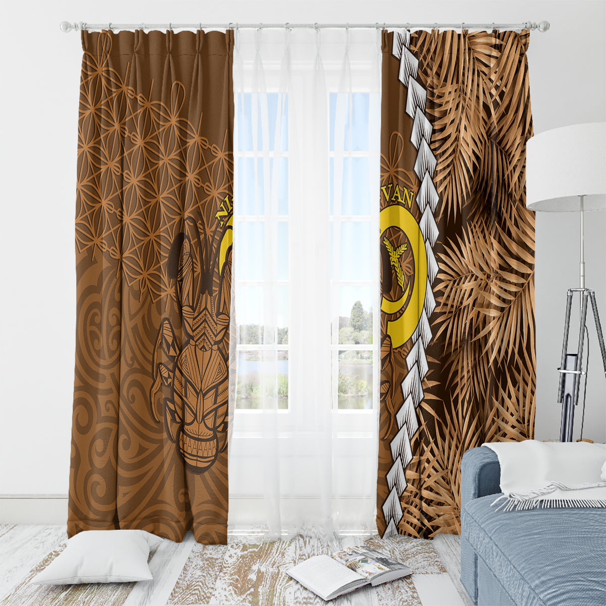 Vanuatu Coconut Crab Window Curtain Ni-Van Tropical Leaves With Sand Drawing Art LT14 - Polynesian Pride