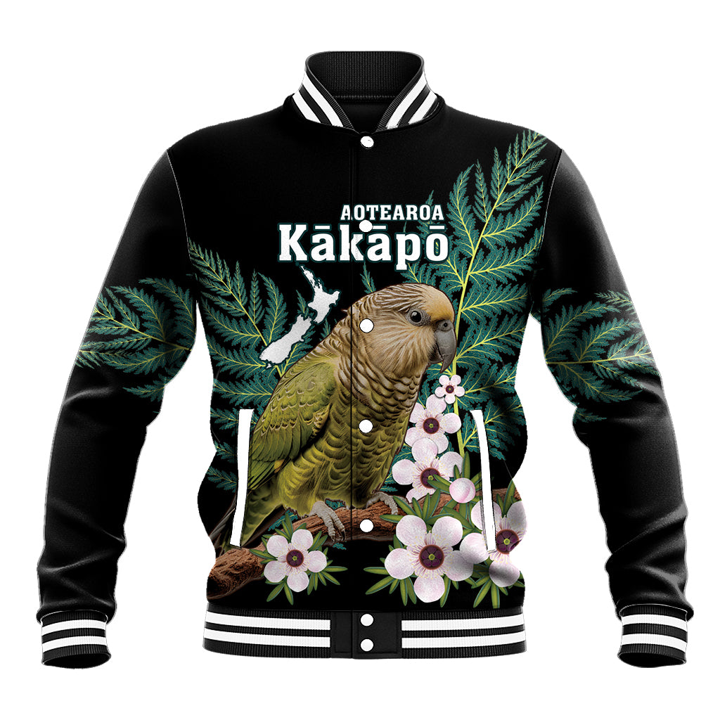 Personalised New Zealand Kakapo Baseball Jacket Aotearoa Fern With Manuka LT14 Unisex Black - Polynesian Pride