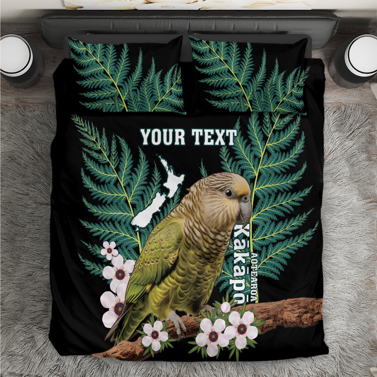 Personalised New Zealand Kakapo Bedding Set Aotearoa Fern With Manuka LT14 Black - Polynesian Pride