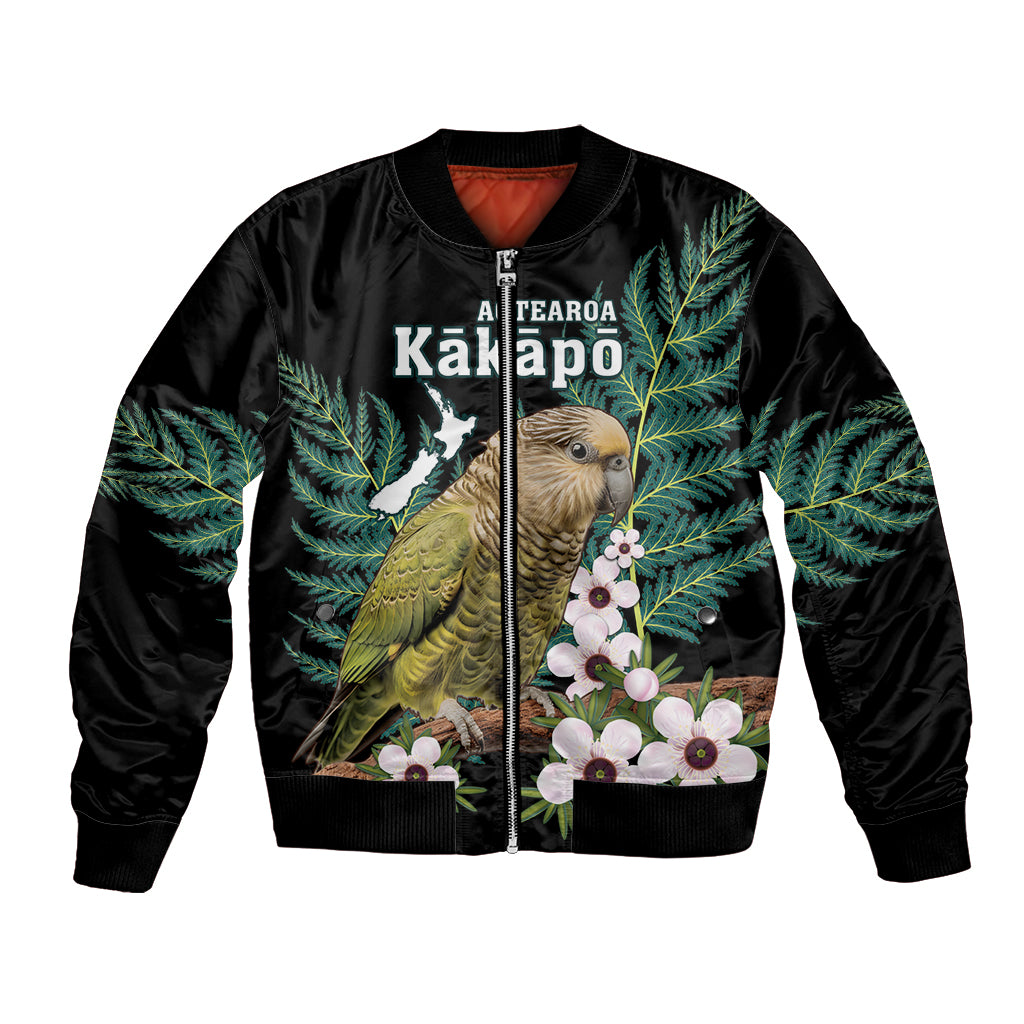 Personalised New Zealand Kakapo Bomber Jacket Aotearoa Fern With Manuka LT14 Unisex Black - Polynesian Pride