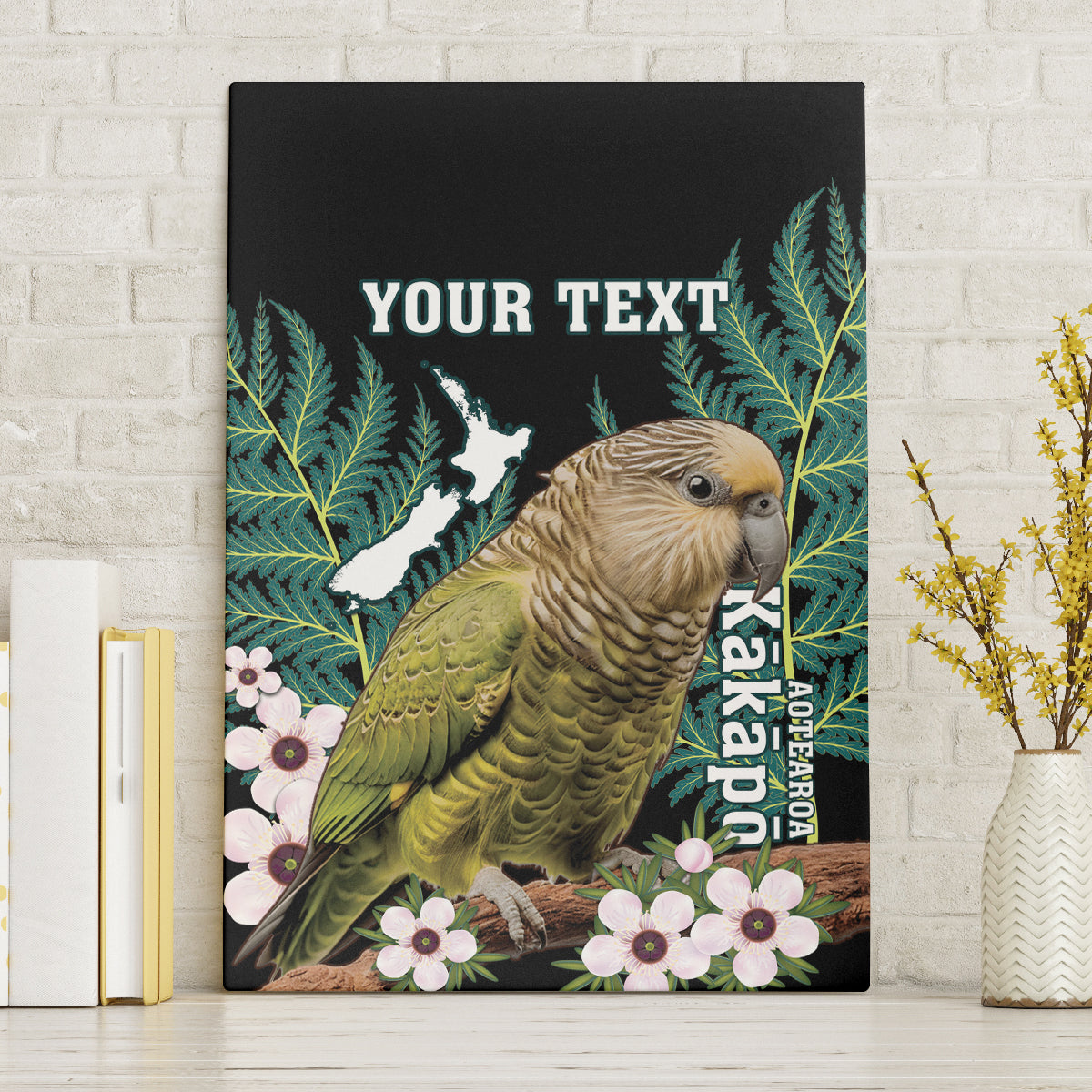 Personalised New Zealand Kakapo Canvas Wall Art Aotearoa Fern With Manuka LT14 Without Frame Black - Polynesian Pride