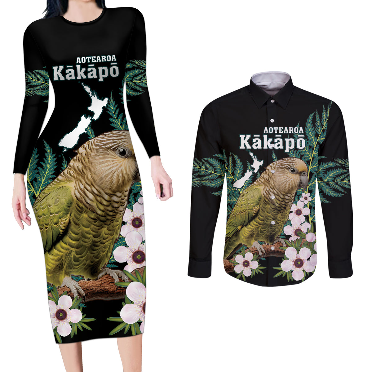 Personalised New Zealand Kakapo Couples Matching Long Sleeve Bodycon Dress and Long Sleeve Button Shirt Aotearoa Fern With Manuka