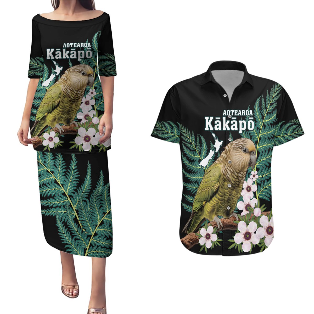 Personalised New Zealand Kakapo Couples Matching Puletasi and Hawaiian Shirt Aotearoa Fern With Manuka