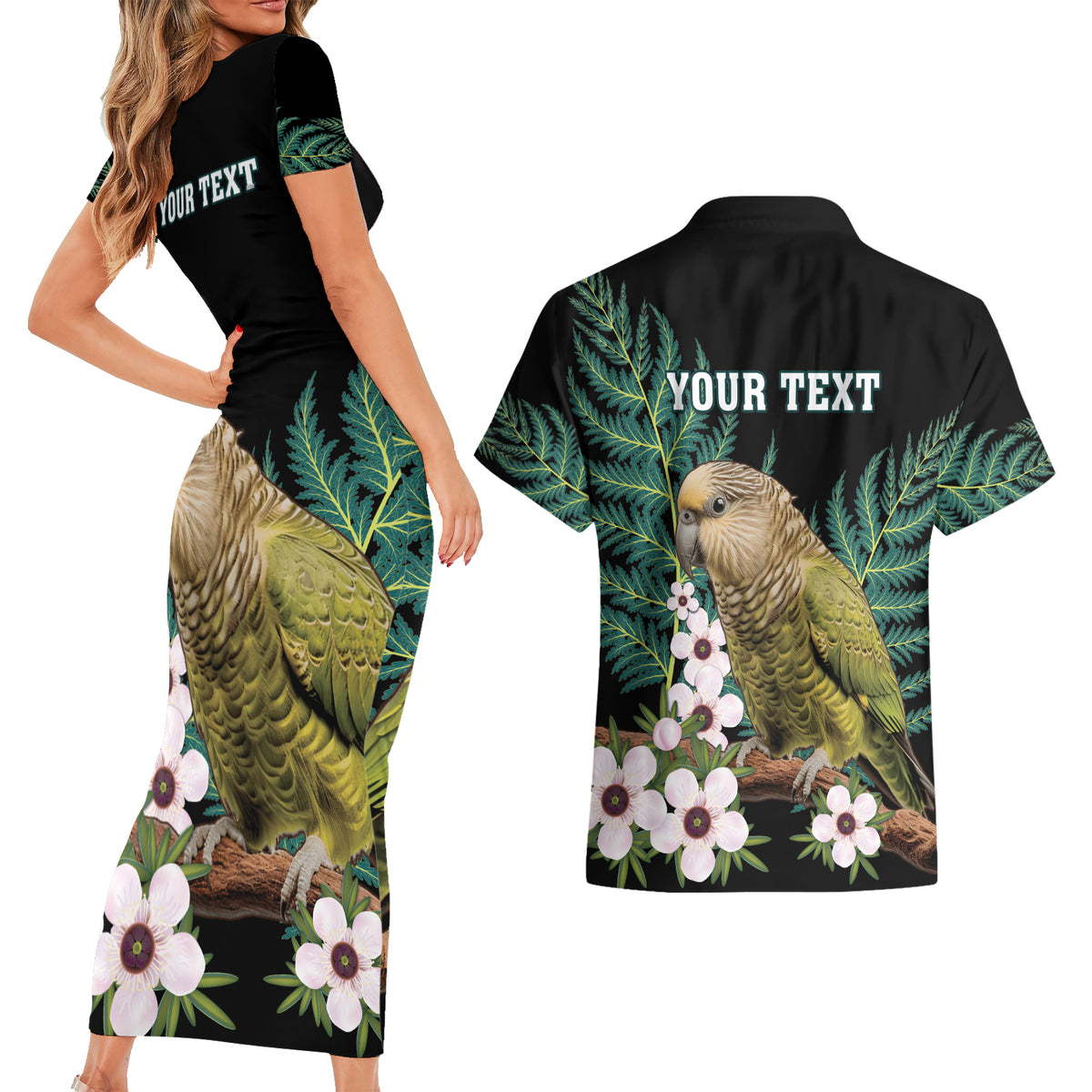 Personalised New Zealand Kakapo Couples Matching Short Sleeve Bodycon Dress and Hawaiian Shirt Aotearoa Fern With Manuka