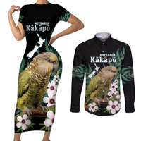 Personalised New Zealand Kakapo Couples Matching Short Sleeve Bodycon Dress and Long Sleeve Button Shirt Aotearoa Fern With Manuka