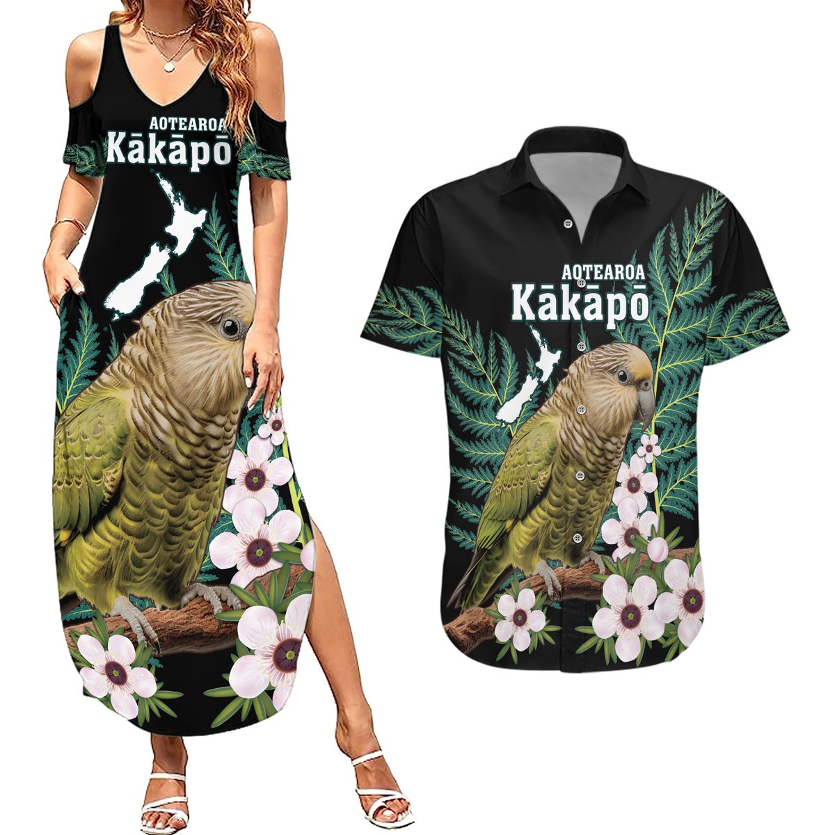 Personalised New Zealand Kakapo Couples Matching Summer Maxi Dress and Hawaiian Shirt Aotearoa Fern With Manuka