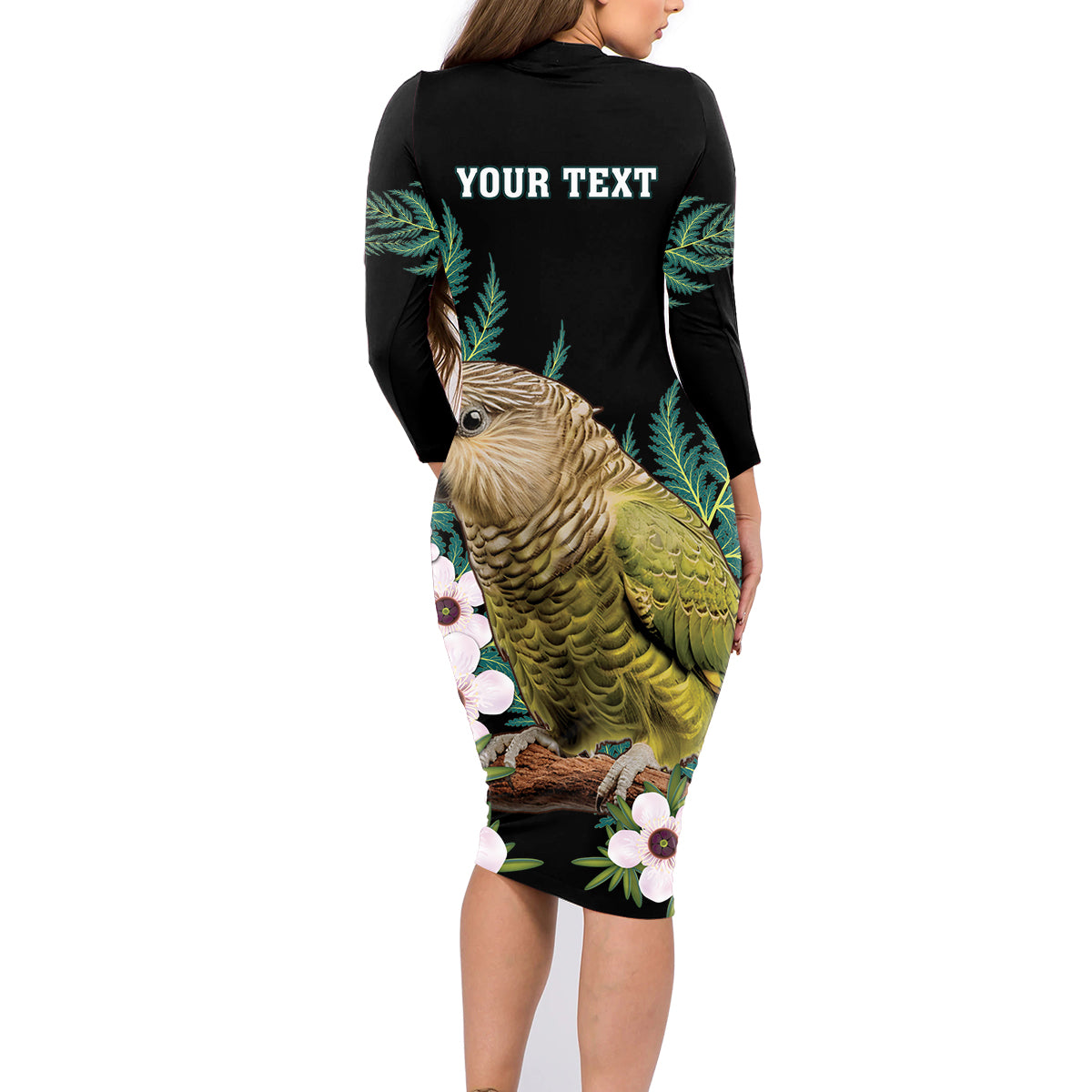 Personalised New Zealand Kakapo Family Matching Long Sleeve Bodycon Dress and Hawaiian Shirt Aotearoa Fern With Manuka