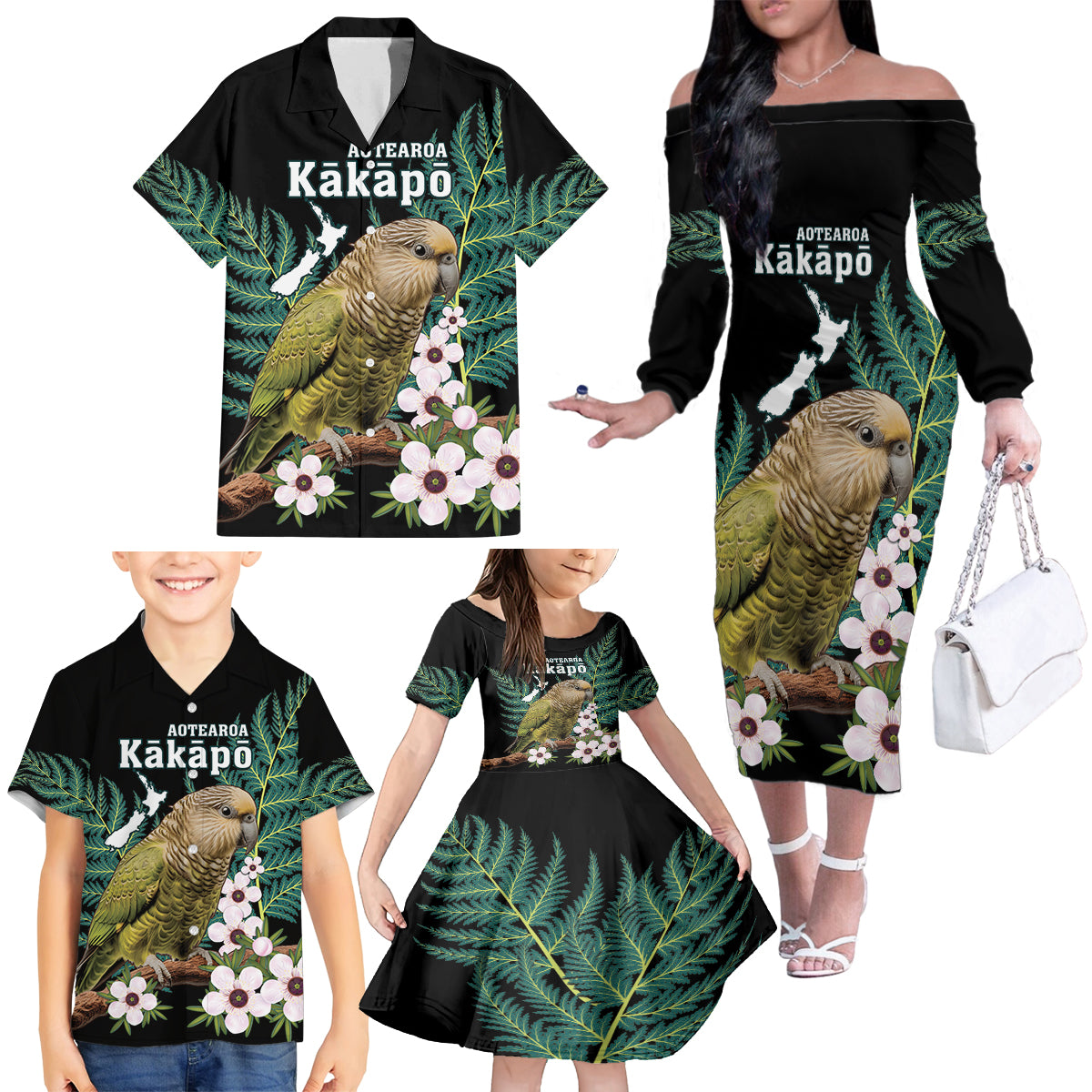 Personalised New Zealand Kakapo Family Matching Off The Shoulder Long Sleeve Dress and Hawaiian Shirt Aotearoa Fern With Manuka