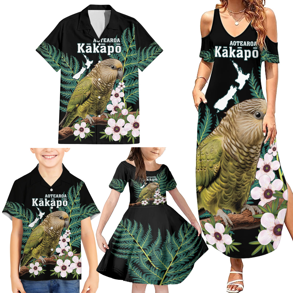 Personalised New Zealand Kakapo Family Matching Summer Maxi Dress and Hawaiian Shirt Aotearoa Fern With Manuka