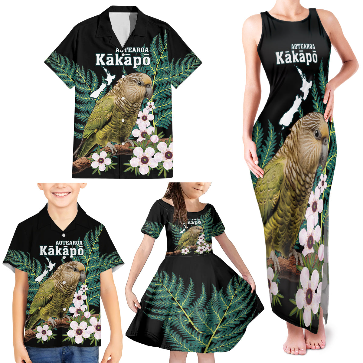 Personalised New Zealand Kakapo Family Matching Tank Maxi Dress and Hawaiian Shirt Aotearoa Fern With Manuka LT14 - Polynesian Pride