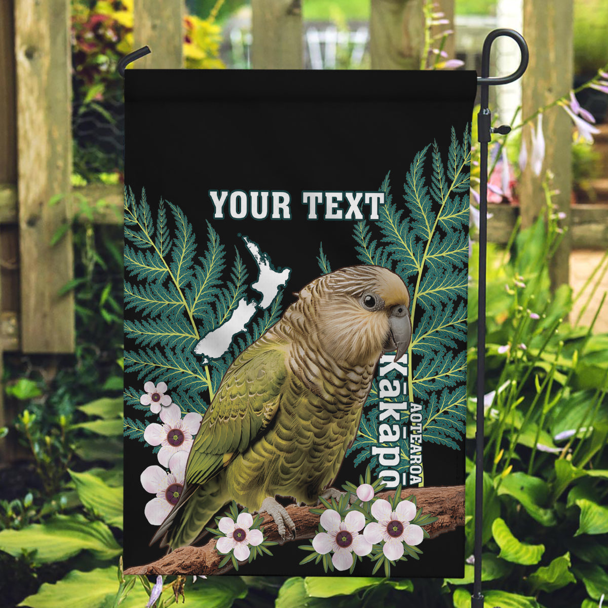 Personalised New Zealand Kakapo Garden Flag Aotearoa Fern With Manuka LT14 Garden Flag Black - Polynesian Pride