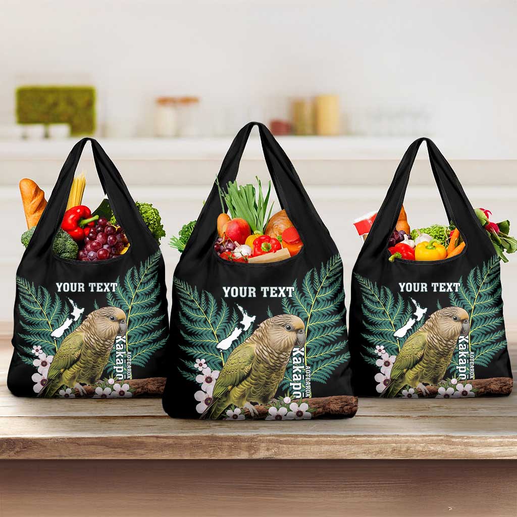 Personalised New Zealand Kakapo Grocery Bag Aotearoa Fern With Manuka LT14 3-pack One Size Black - Polynesian Pride