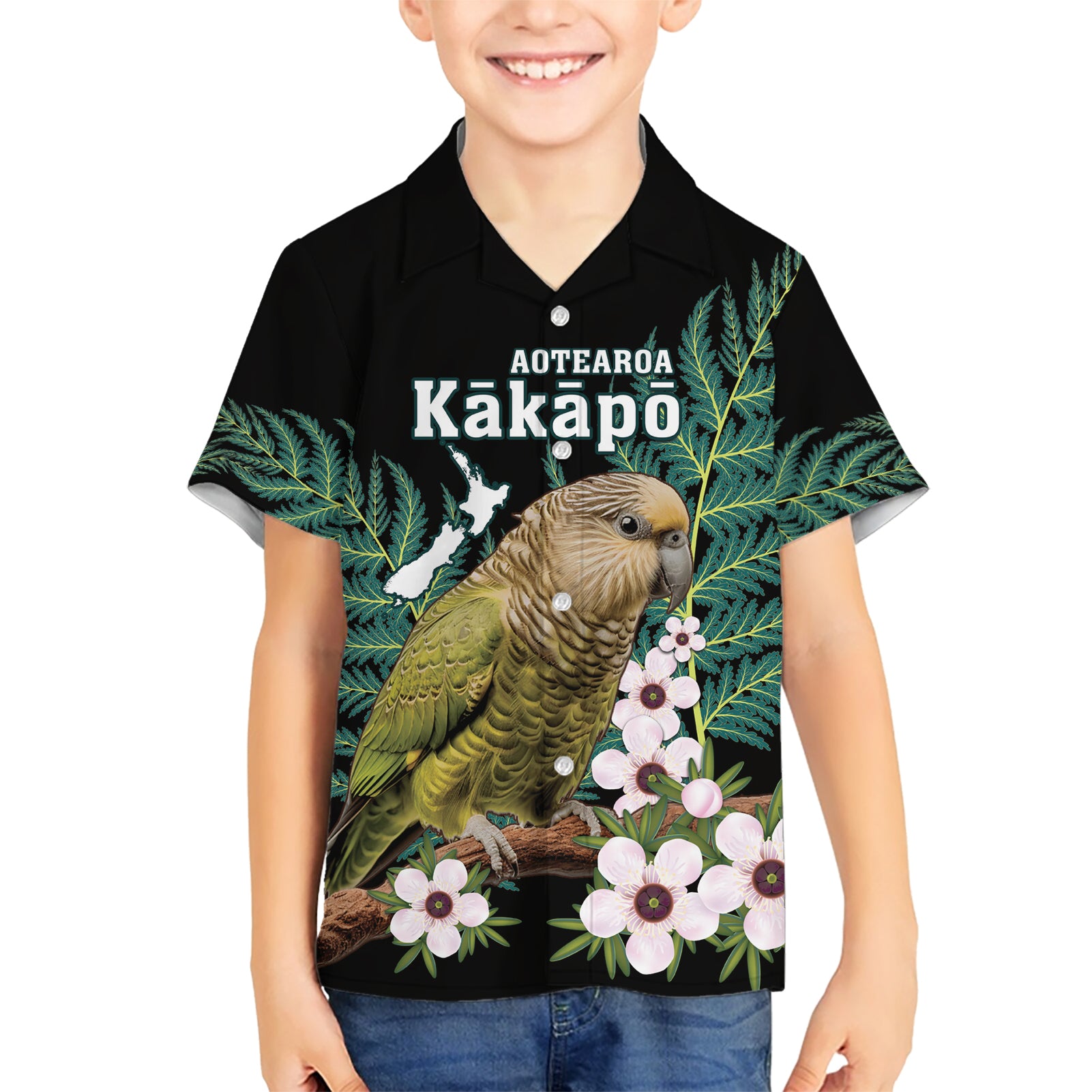 Personalised New Zealand Kakapo Kid Hawaiian Shirt Aotearoa Fern With Manuka