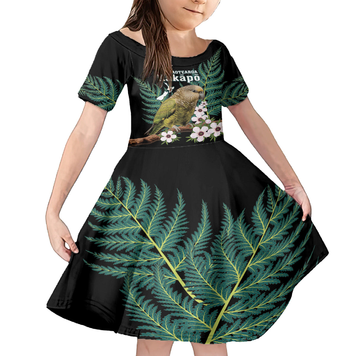 Personalised New Zealand Kakapo Kid Short Sleeve Dress Aotearoa Fern With Manuka