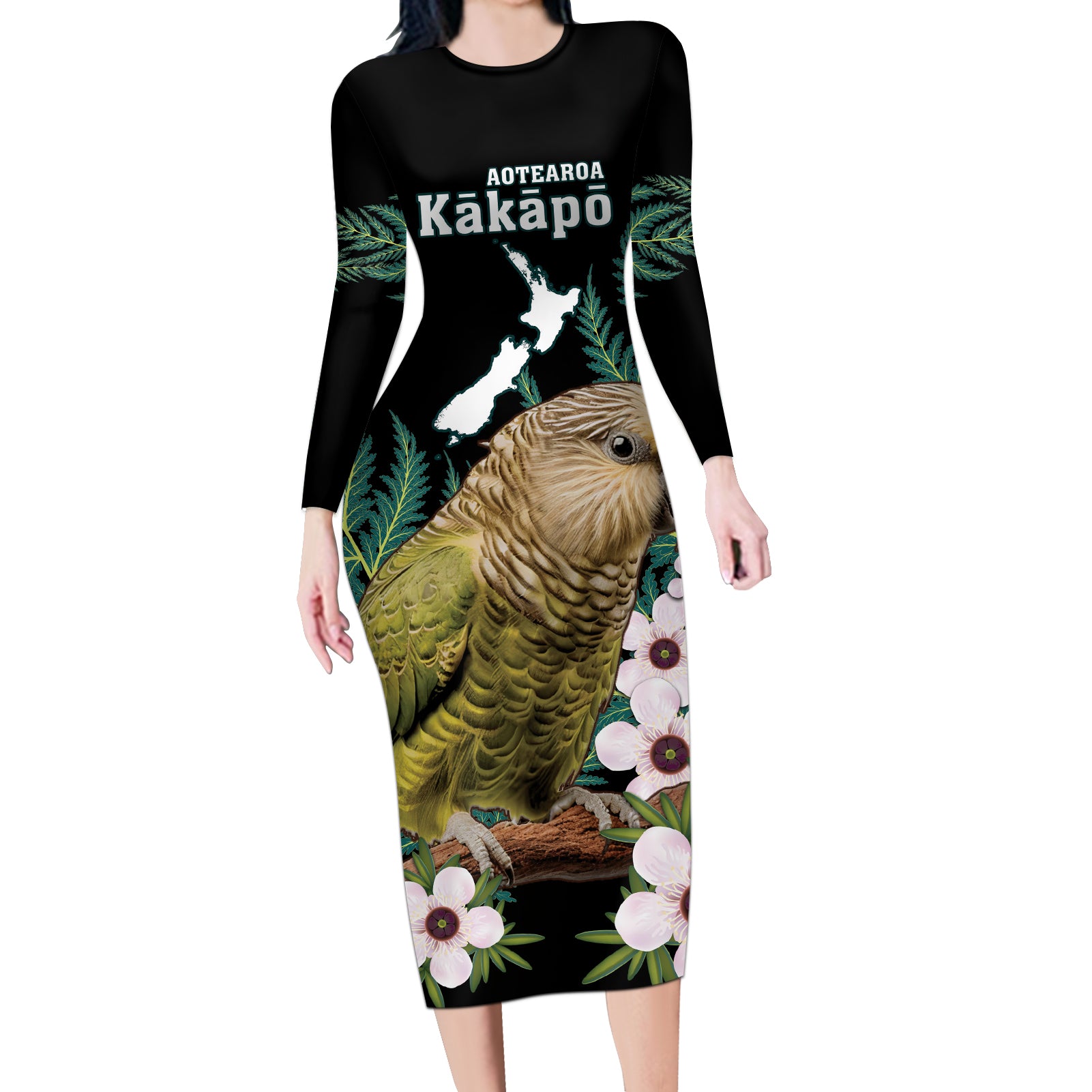 Personalised New Zealand Kakapo Long Sleeve Bodycon Dress Aotearoa Fern With Manuka