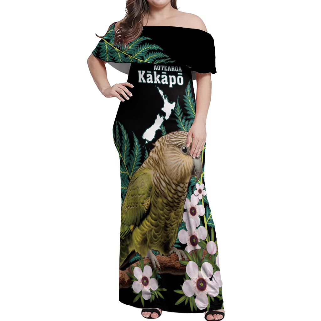 Personalised New Zealand Kakapo Off Shoulder Maxi Dress Aotearoa Fern With Manuka