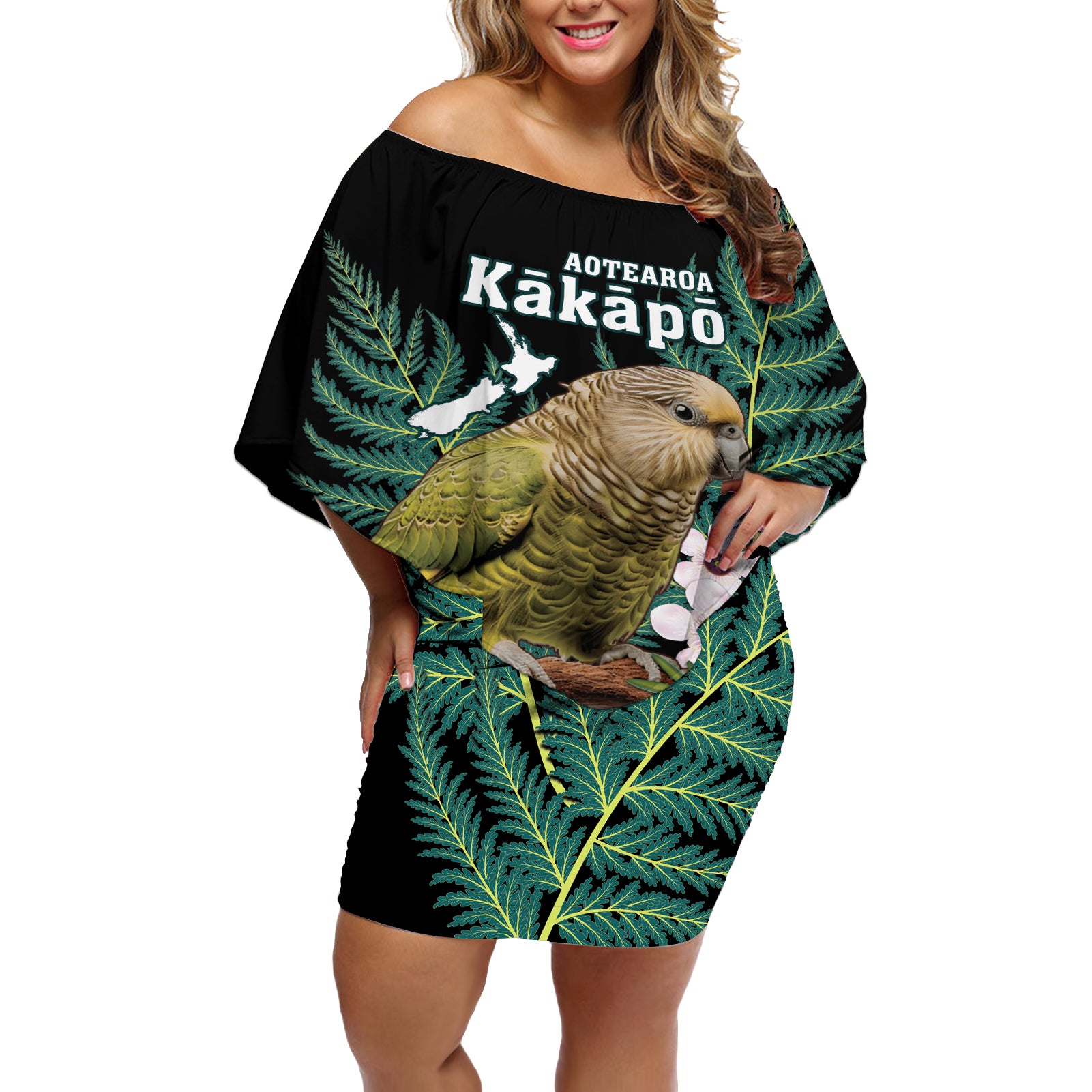 Personalised New Zealand Kakapo Off Shoulder Short Dress Aotearoa Fern With Manuka