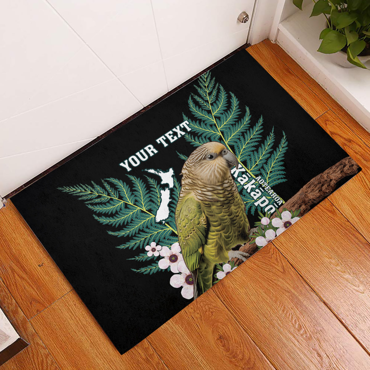 Personalised New Zealand Kakapo Rubber Doormat Aotearoa Fern With Manuka LT14 Black - Polynesian Pride