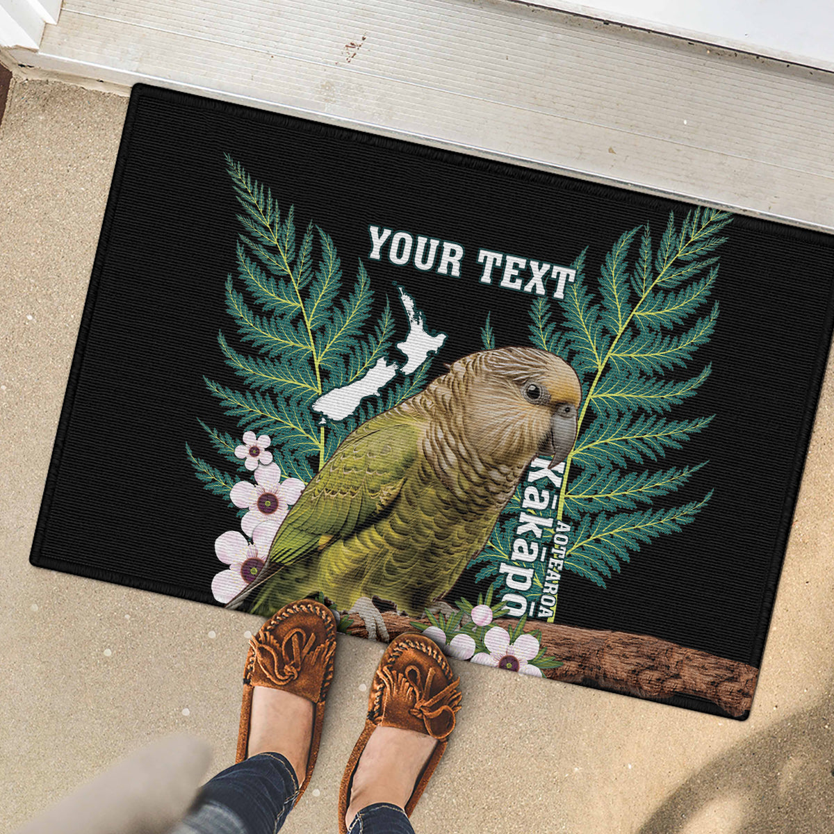 Personalised New Zealand Kakapo Rubber Doormat Aotearoa Fern With Manuka LT14 - Polynesian Pride