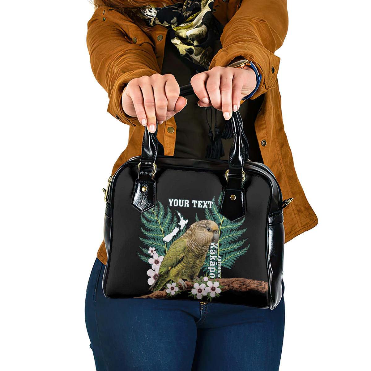 Personalised New Zealand Kakapo Shoulder Handbag Aotearoa Fern With Manuka