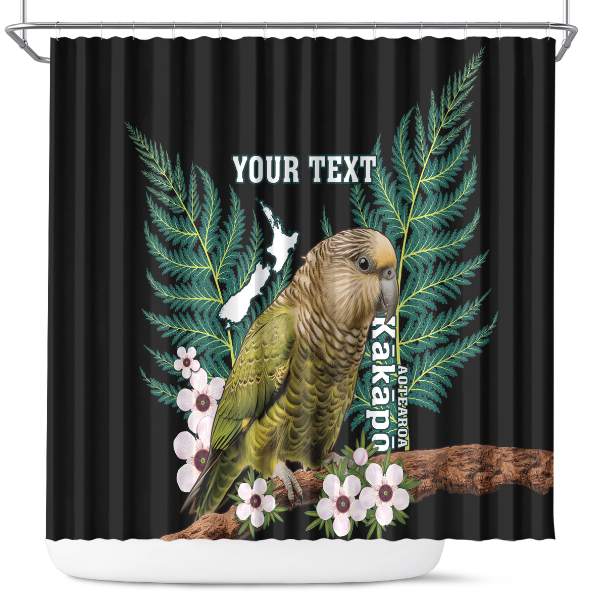 Personalised New Zealand Kakapo Shower Curtain Aotearoa Fern With Manuka