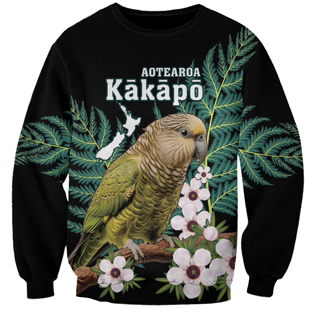 Personalised New Zealand Kakapo Sweatshirt Aotearoa Fern With Manuka LT14 Unisex Black - Polynesian Pride
