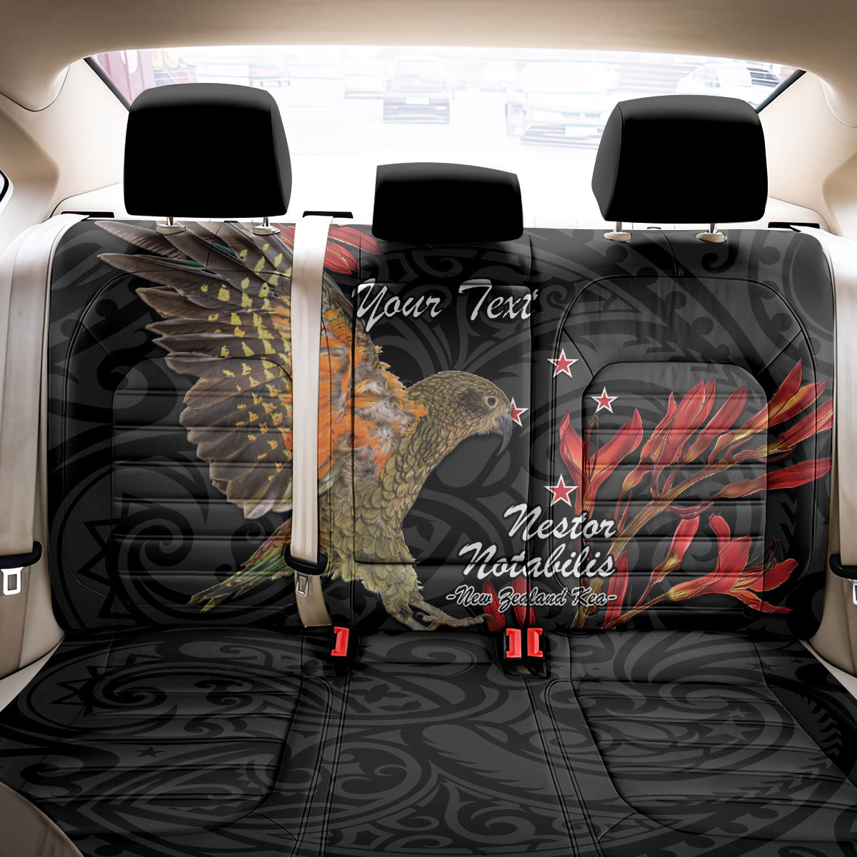 Personalised New Zealand Kea Back Car Seat Cover Nestor Notabilis With Harakeke Maori Pattern