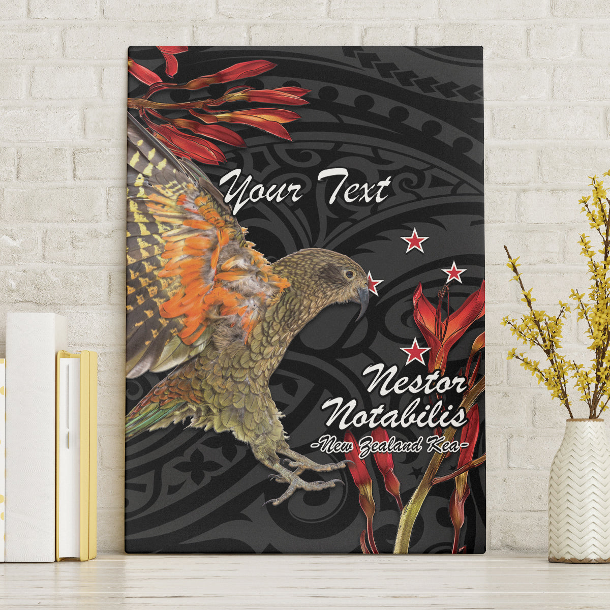 Personalised New Zealand Kea Canvas Wall Art Nestor Notabilis With Harakeke Maori Pattern LT14 Without Frame Black - Polynesian Pride