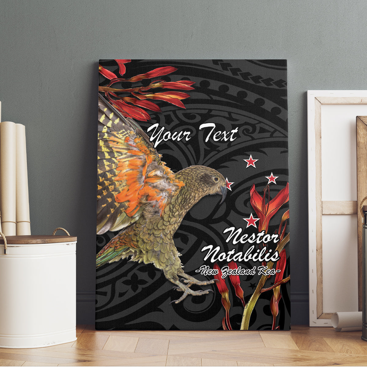 Personalised New Zealand Kea Canvas Wall Art Nestor Notabilis With Harakeke Maori Pattern LT14 - Polynesian Pride