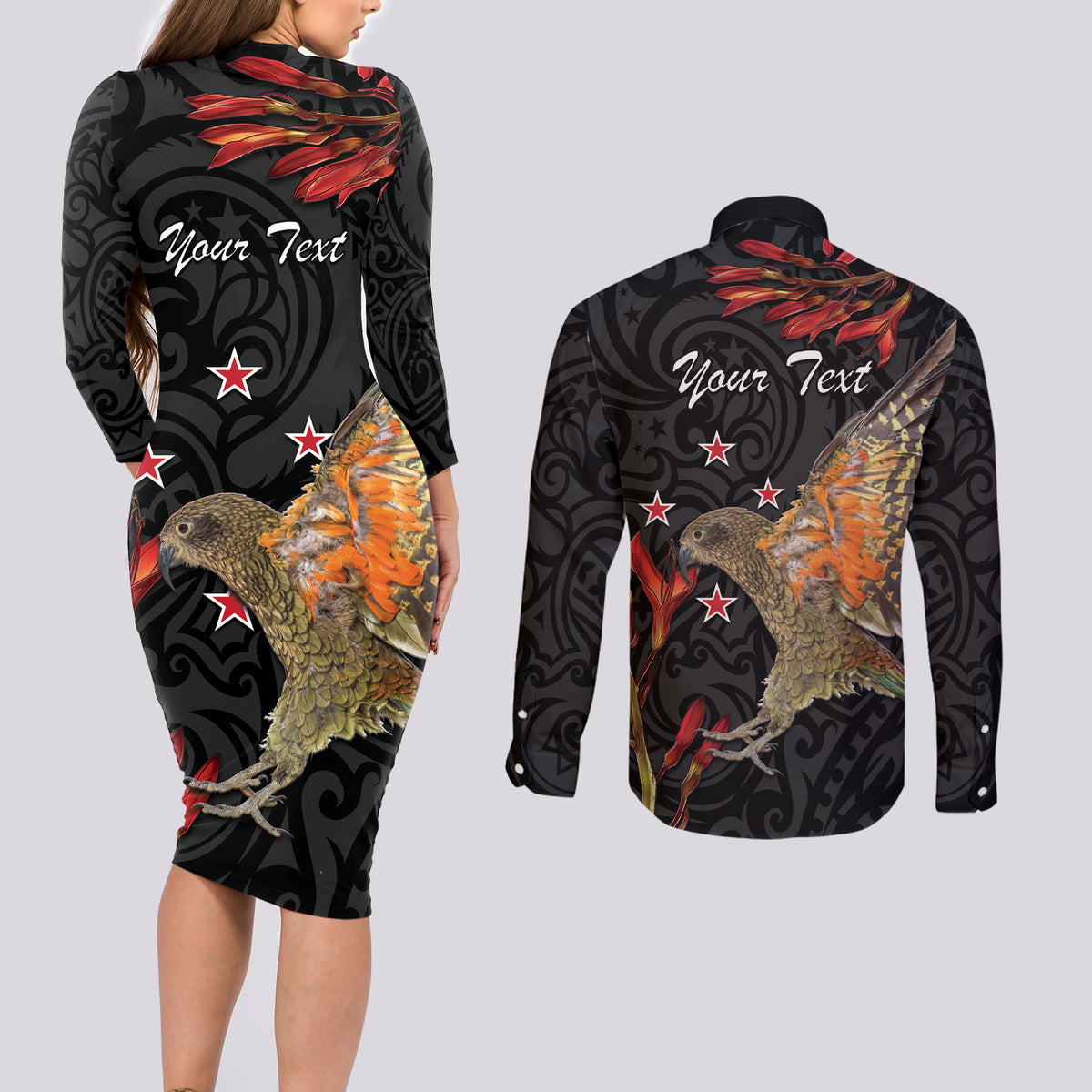Personalised New Zealand Kea Couples Matching Long Sleeve Bodycon Dress and Long Sleeve Button Shirt Nestor Notabilis With Harakeke Maori Pattern