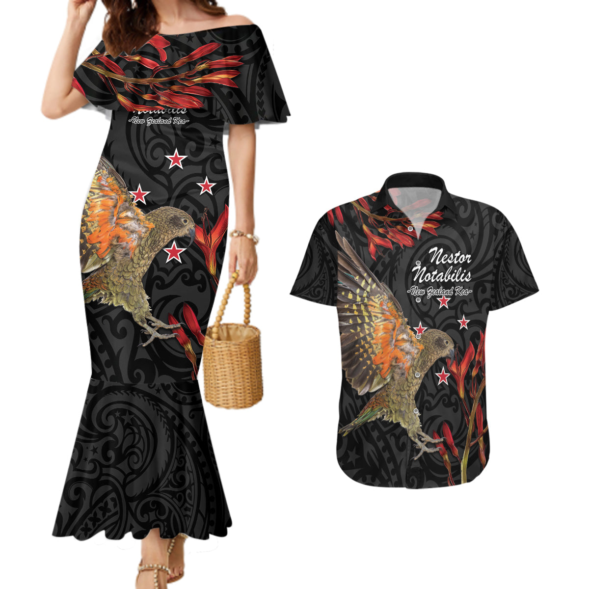 Personalised New Zealand Kea Couples Matching Mermaid Dress and Hawaiian Shirt Nestor Notabilis With Harakeke Maori Pattern