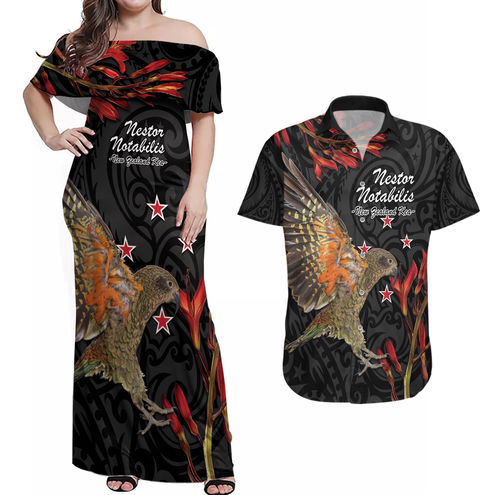 Personalised New Zealand Kea Couples Matching Off Shoulder Maxi Dress and Hawaiian Shirt Nestor Notabilis With Harakeke Maori Pattern