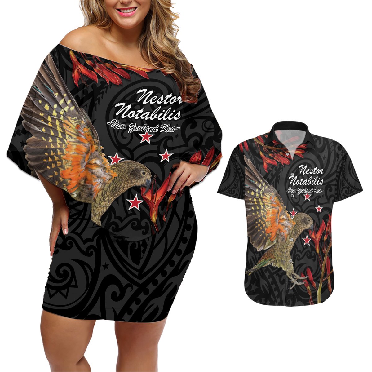 Personalised New Zealand Kea Couples Matching Off Shoulder Short Dress and Hawaiian Shirt Nestor Notabilis With Harakeke Maori Pattern