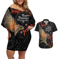 Personalised New Zealand Kea Couples Matching Off Shoulder Short Dress and Hawaiian Shirt Nestor Notabilis With Harakeke Maori Pattern