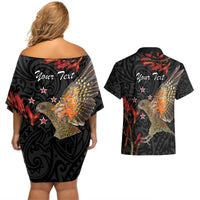Personalised New Zealand Kea Couples Matching Off Shoulder Short Dress and Hawaiian Shirt Nestor Notabilis With Harakeke Maori Pattern