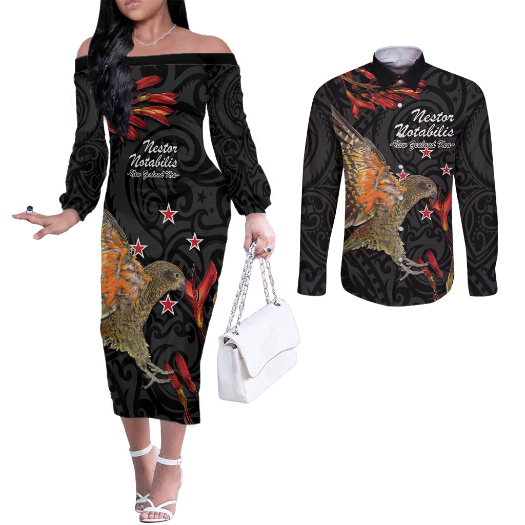 Personalised New Zealand Kea Couples Matching Off The Shoulder Long Sleeve Dress and Long Sleeve Button Shirt Nestor Notabilis With Harakeke Maori Pattern