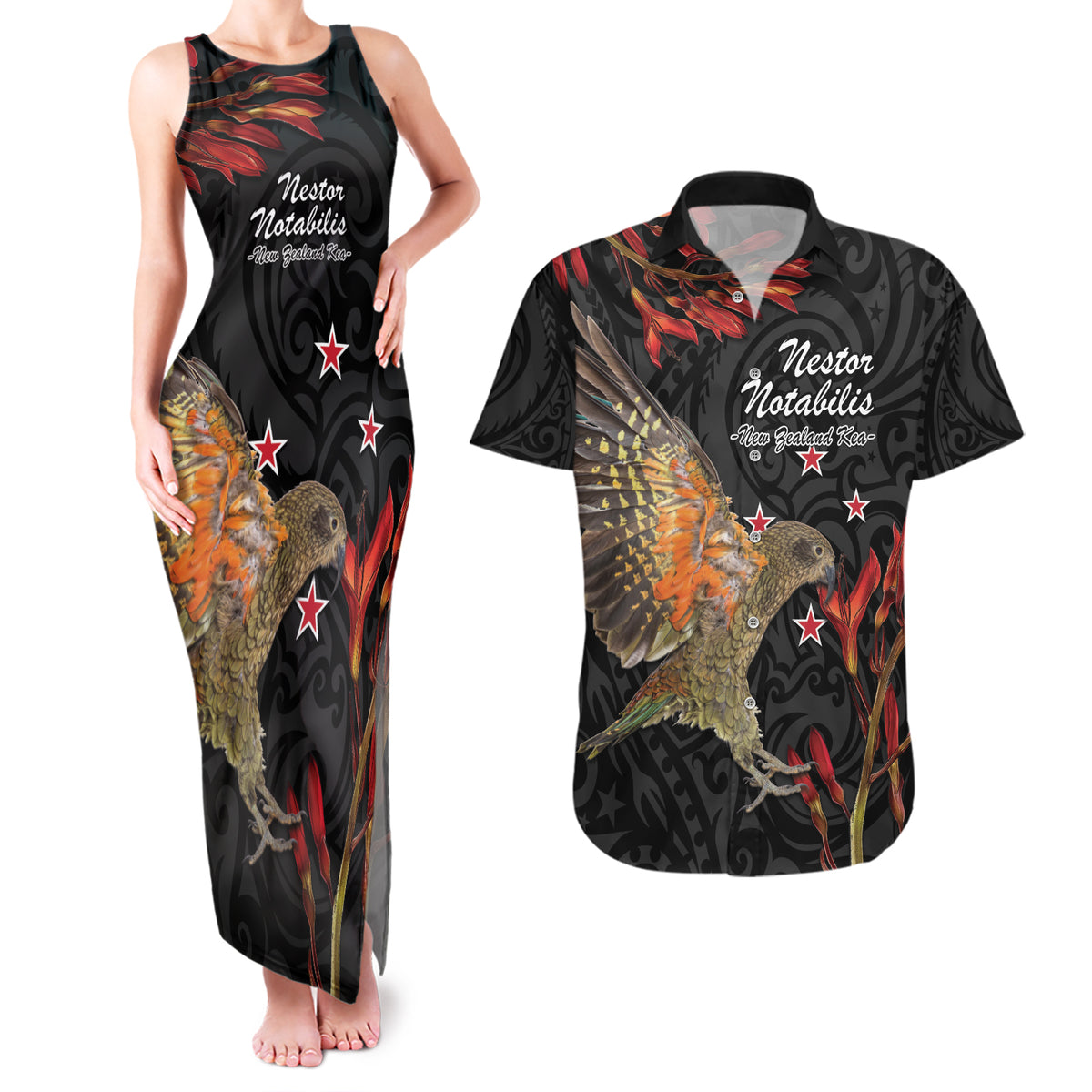 Personalised New Zealand Kea Couples Matching Tank Maxi Dress and Hawaiian Shirt Nestor Notabilis With Harakeke Maori Pattern
