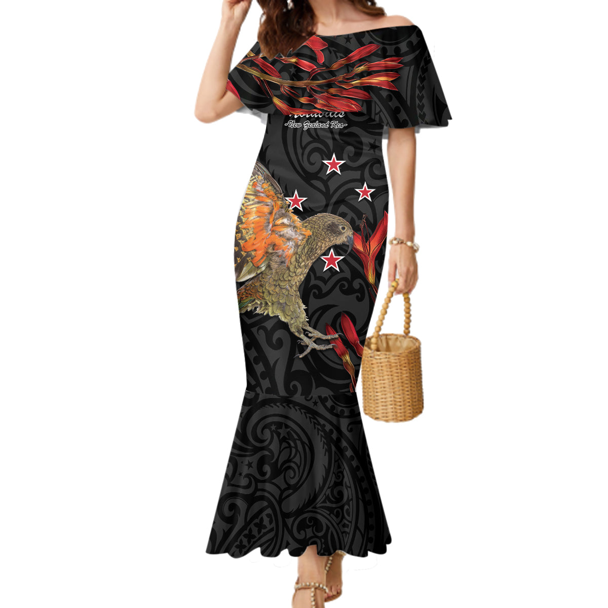 Personalised New Zealand Kea Family Matching Mermaid Dress and Hawaiian Shirt Nestor Notabilis With Harakeke Maori Pattern