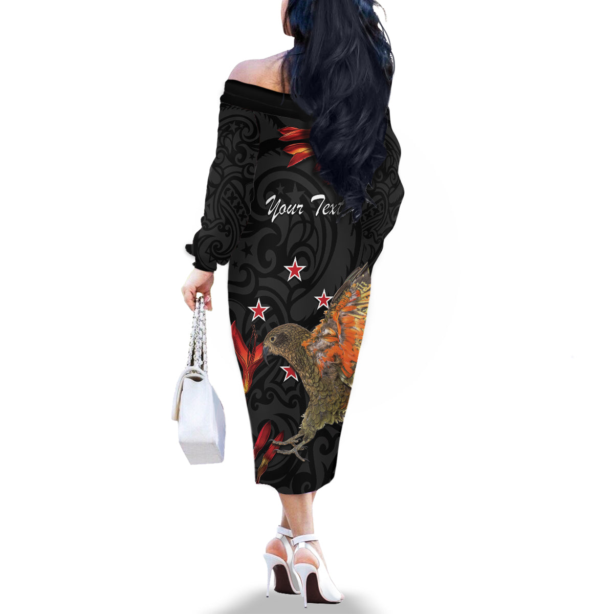 Personalised New Zealand Kea Family Matching Off The Shoulder Long Sleeve Dress and Hawaiian Shirt Nestor Notabilis With Harakeke Maori Pattern