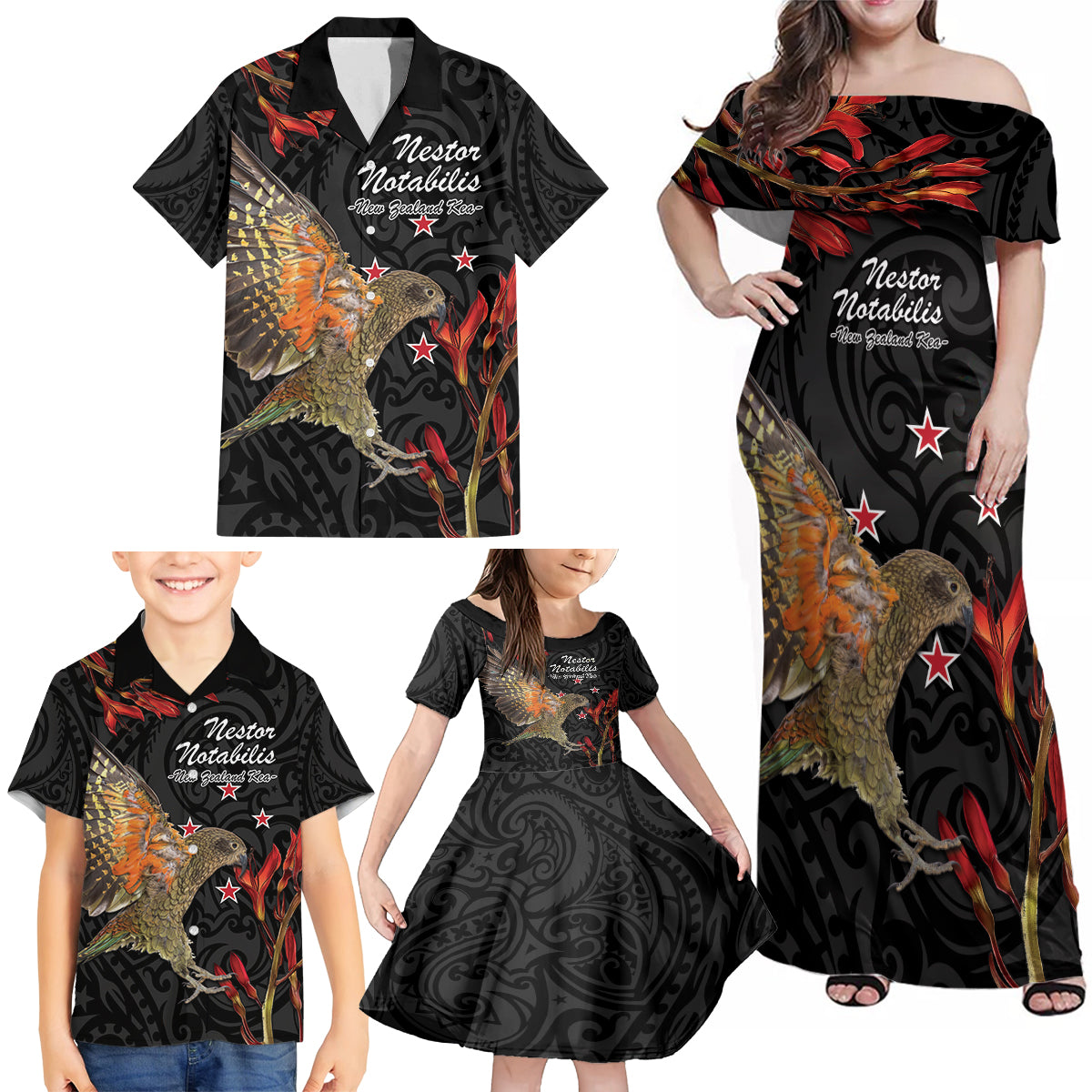 Personalised New Zealand Kea Family Matching Off Shoulder Maxi Dress and Hawaiian Shirt Nestor Notabilis With Harakeke Maori Pattern