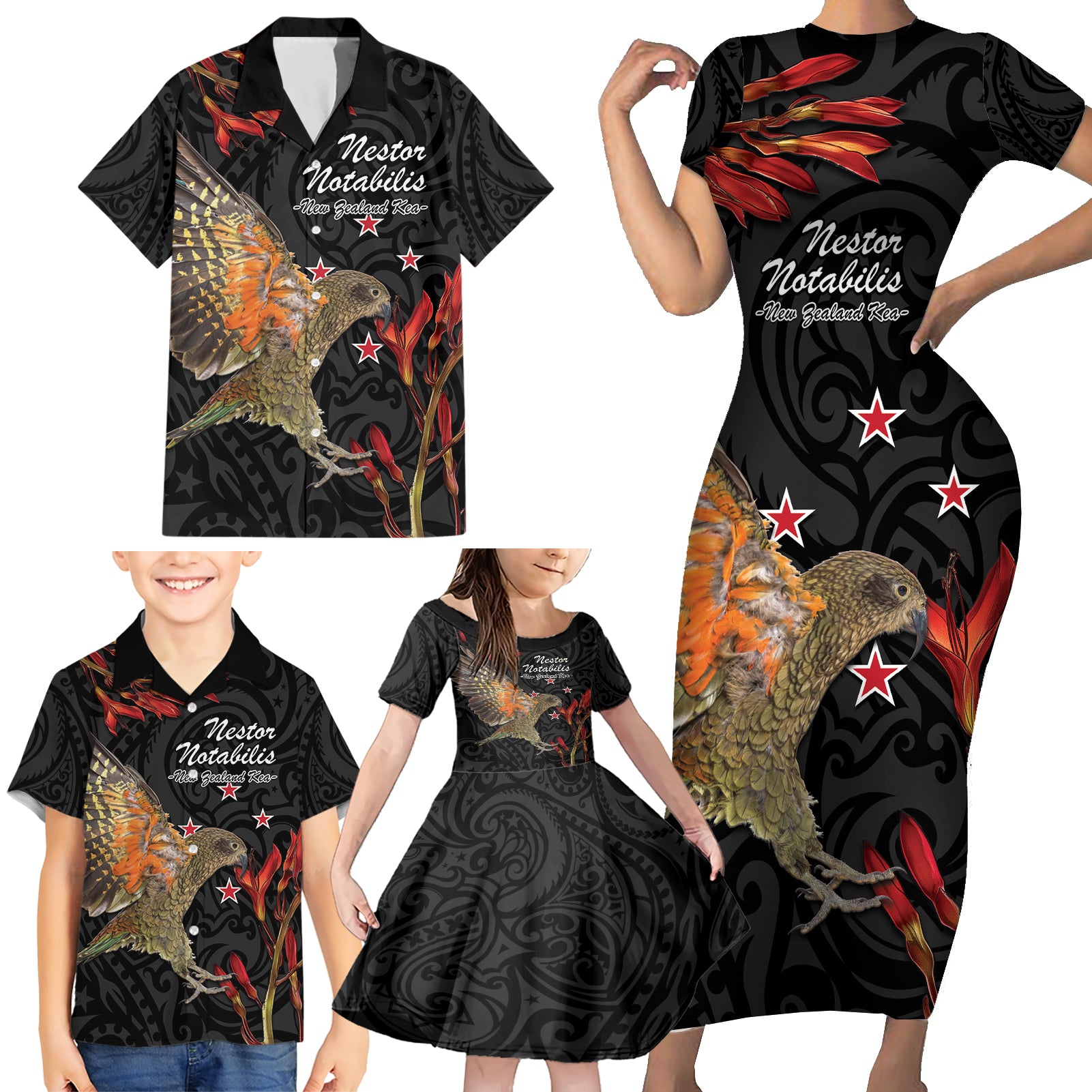 Personalised New Zealand Kea Family Matching Short Sleeve Bodycon Dress and Hawaiian Shirt Nestor Notabilis With Harakeke Maori Pattern