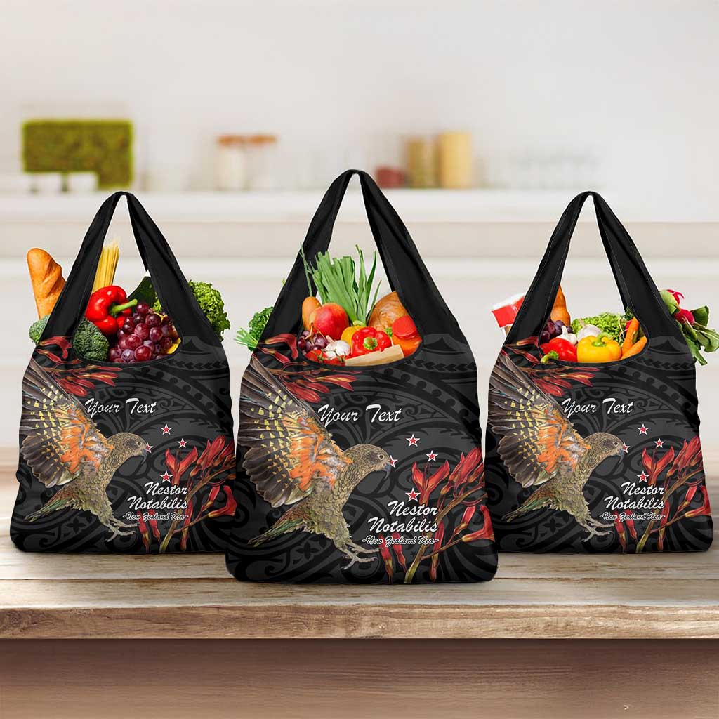 Personalised New Zealand Kea Grocery Bag Nestor Notabilis With Harakeke Maori Pattern LT14 3-pack One Size Black - Polynesian Pride