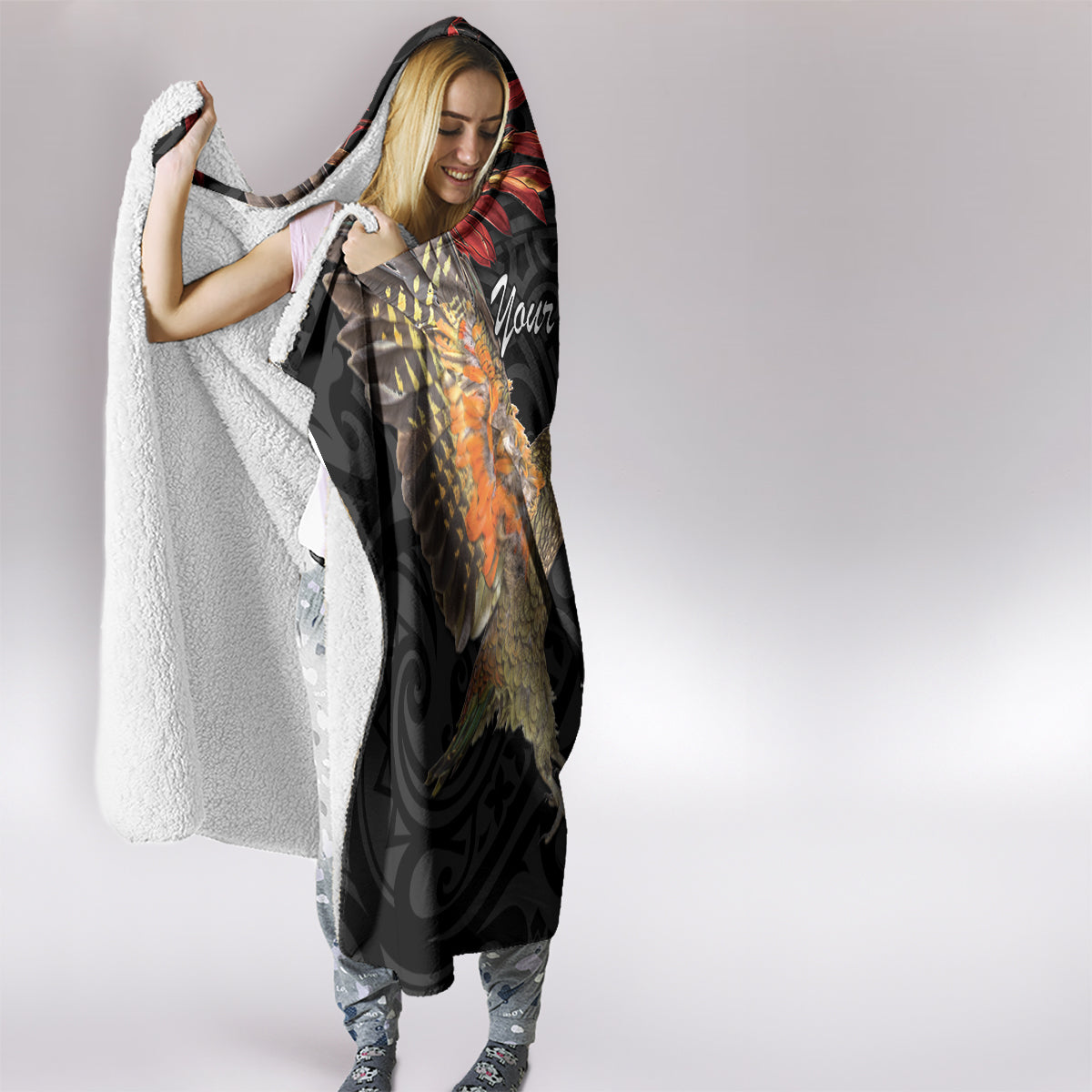 Personalised New Zealand Kea Hooded Blanket Nestor Notabilis With Harakeke Maori Pattern LT14 - Polynesian Pride